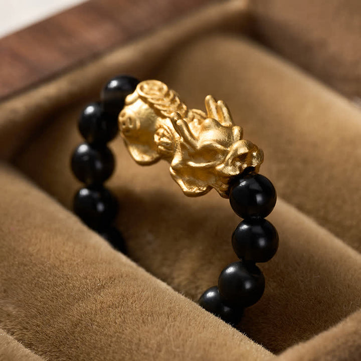 Buddha Stones Schwarzer Obsidian-Kupfer-Pi-Xiu-Mini-Stretch-Perlenring für Stärke und Energie - image 12