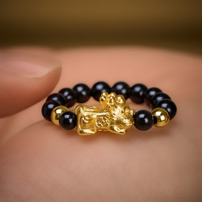 Buddha Stones Schwarzer Obsidian-Kupfer-Pi-Xiu-Mini-Stretch-Perlenring für Heilung und Energie - image 9