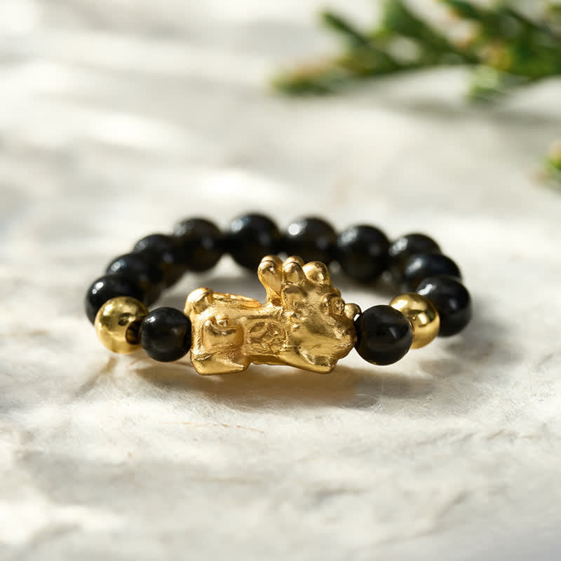 Buddha Stones Schwarzer Obsidian-Kupfer-Pi-Xiu-Mini-Stretch-Perlenring für Heilung und Energie - image 1