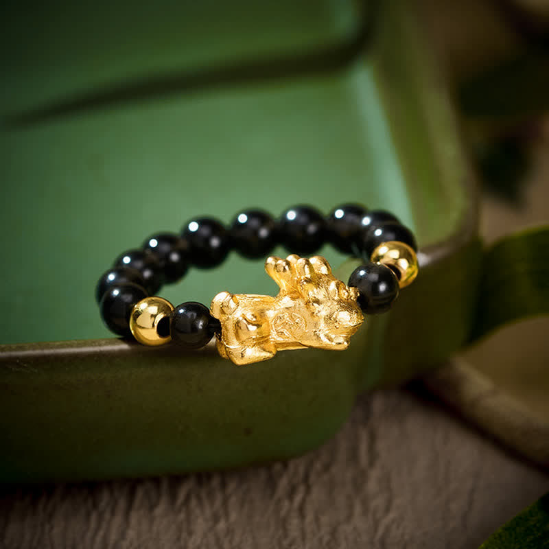 Buddha Stones Schwarzer Obsidian-Kupfer-Pi-Xiu-Mini-Stretch-Perlenring für Heilung und Energie - Größe L: Passend für US Größe 8–10 - image 0