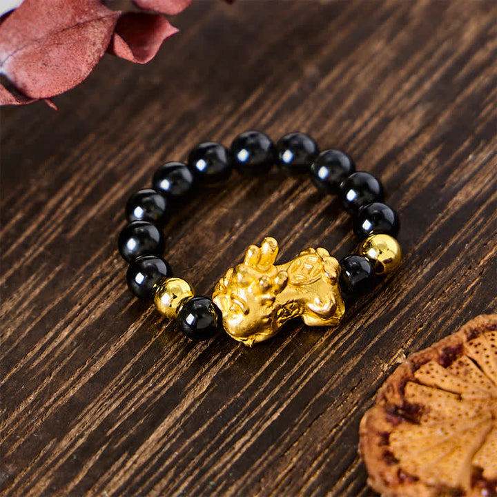 Buddha Stones Schwarzer Obsidian-Kupfer-Pi-Xiu-Mini-Stretch-Perlenring für Heilung und Energie - image 2
