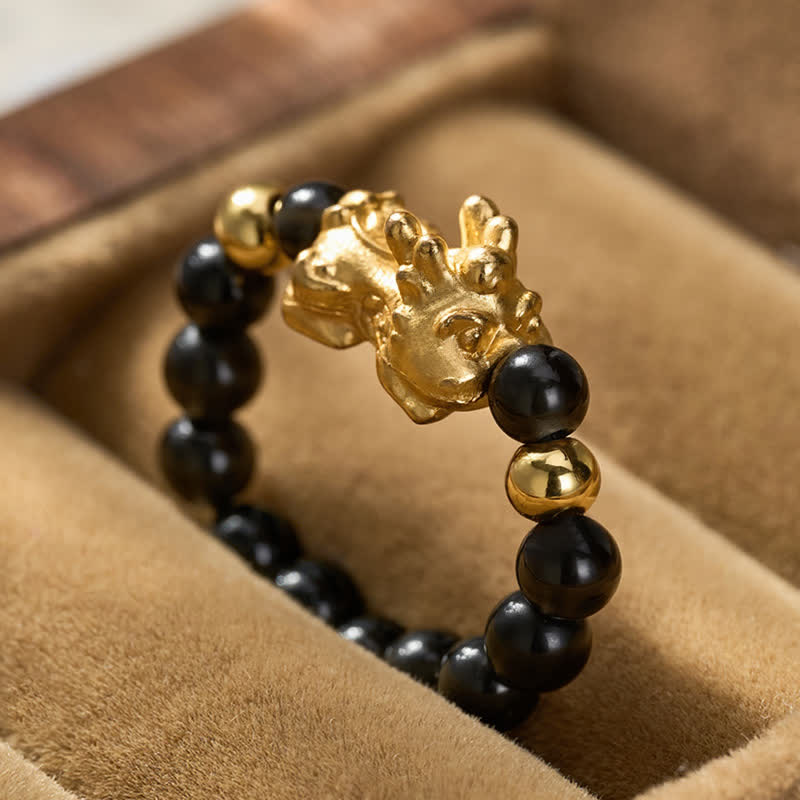 Buddha Stones Schwarzer Obsidian-Kupfer-Pi-Xiu-Mini-Stretch-Perlenring für Heilung und Energie - image 11
