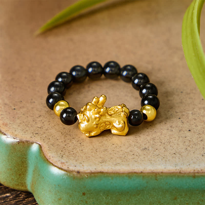 Buddha Stones Schwarzer Obsidian-Kupfer-Pi-Xiu-Mini-Stretch-Perlenring für Heilung und Energie - image 3