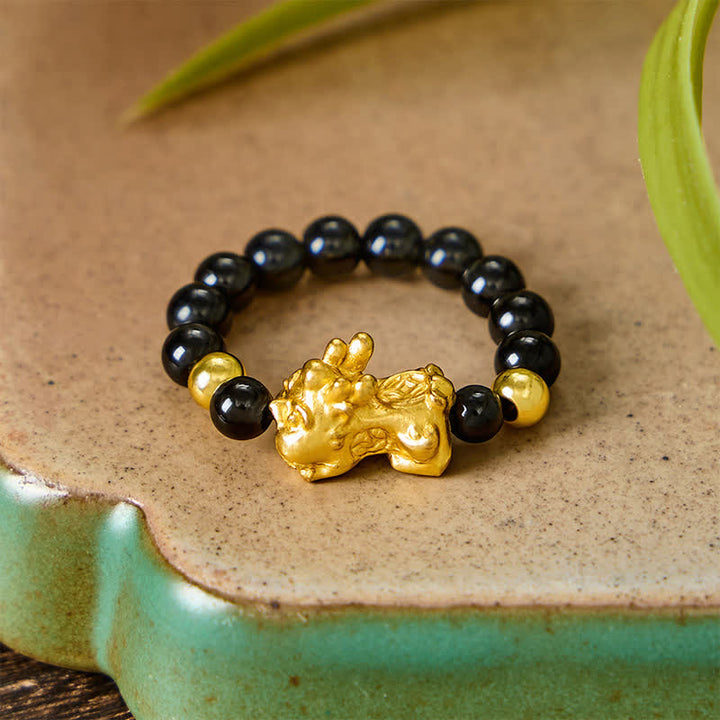 Buddha Stones Schwarzer Obsidian-Kupfer-Pi-Xiu-Mini-Stretch-Perlenring für Heilung und Energie - image 3