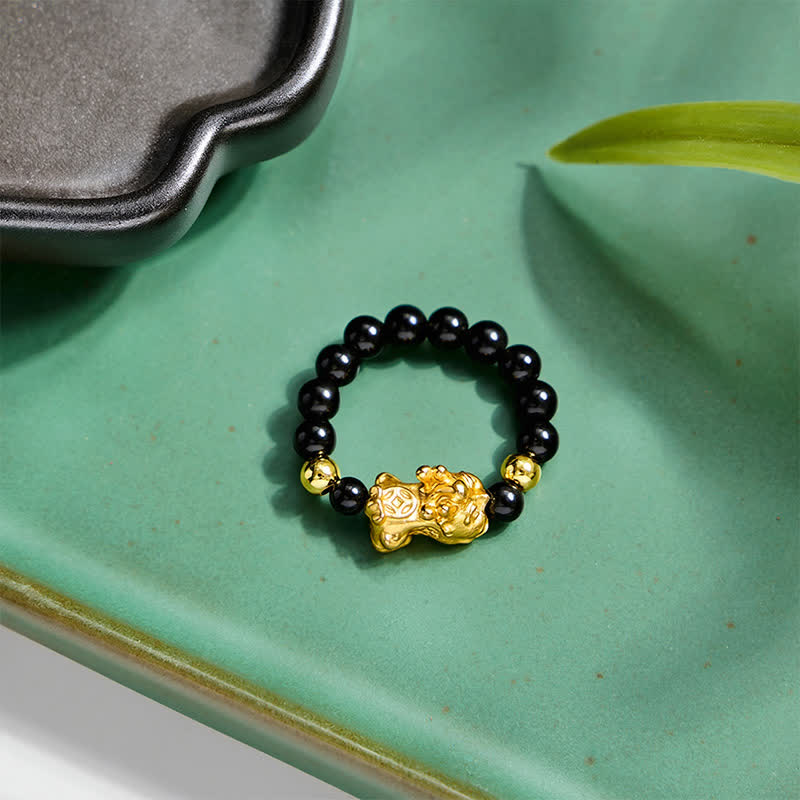 Buddha Stones Schwarzer Obsidian-Kupfer-Pi-Xiu-Mini-Stretch-Perlenring für Heilung und Energie - image 10