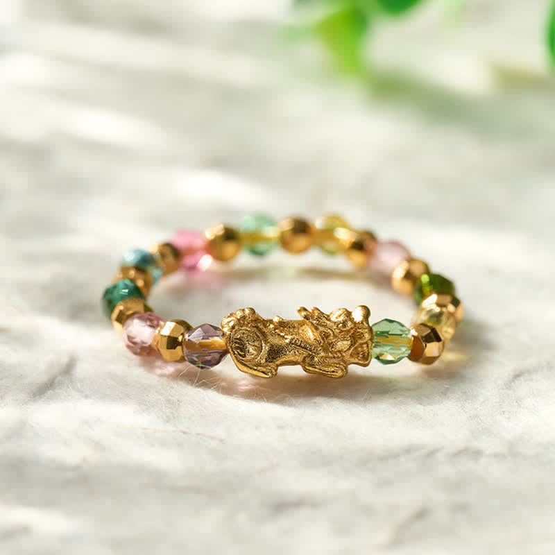 Buddha Stones Mehrfarbiger, facettierter Mini-Stretchring aus Kupfer mit Pi-Xiu-Perlen für Reichtum und Energie - Passend für US Größe 6–8 (52–55 mm) - image 0