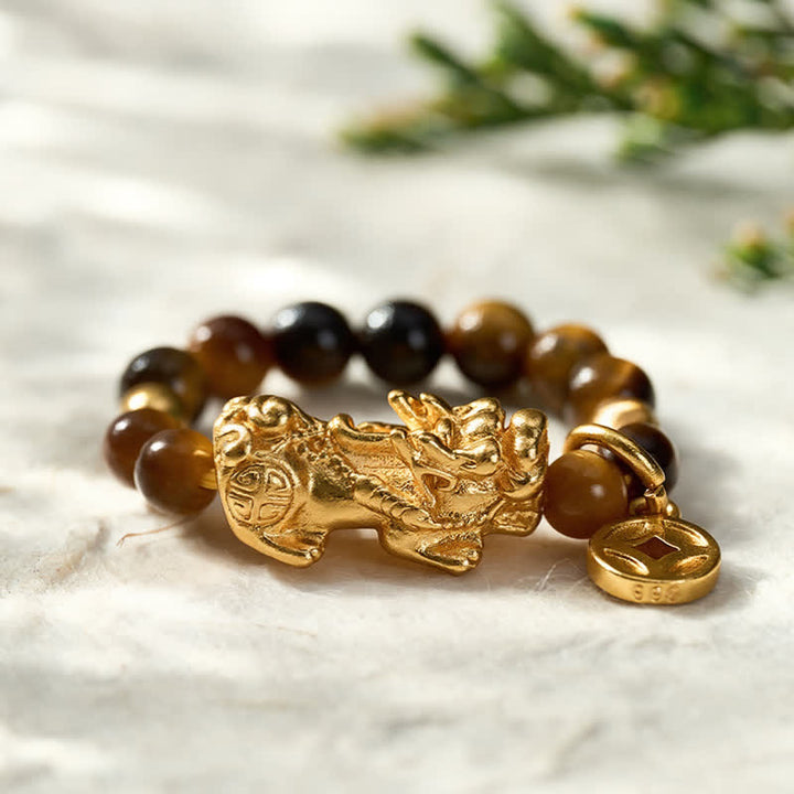 Buddha Stones Tigerauge Pi Xiu Reichtum Chinesische Münze Mini Stretch Perlenring - image 1