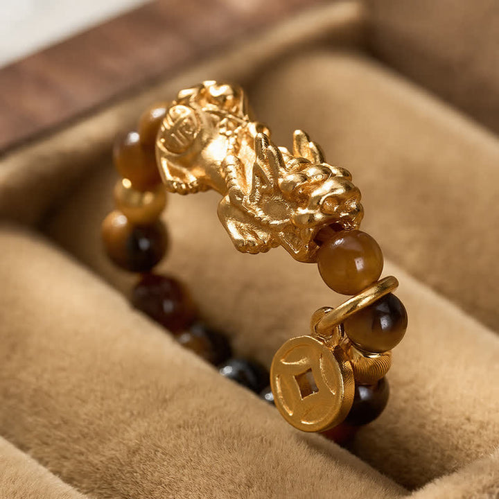 Buddha Stones Tigerauge Pi Xiu Reichtum Chinesische Münze Mini Stretch Perlenring - image 3
