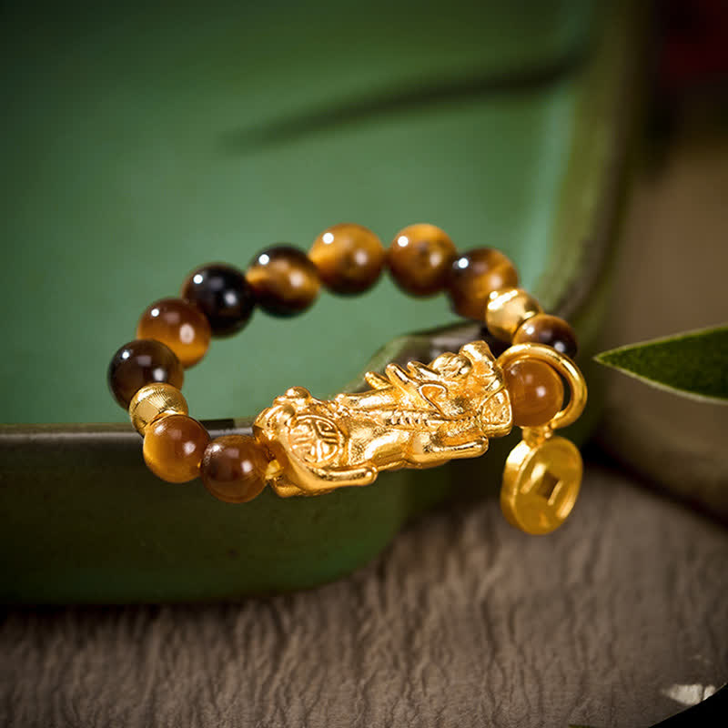Buddha Stones Tigerauge Pi Xiu Reichtum Chinesische Münze Mini Stretch Perlenring - Passend für US Größe 6–8 (52–55 mm) - image 0