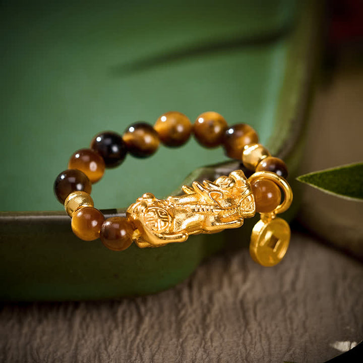 Buddha Stones Tigerauge Pi Xiu Reichtum Chinesische Münze Mini Stretch Perlenring - Passend für US Größe 6–8 (52–55 mm) - image 0