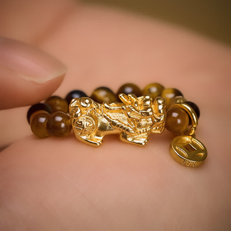Buddha Stones Tigerauge Pi Xiu Reichtum Chinesische Münze Mini Stretch Perlenring - image 2