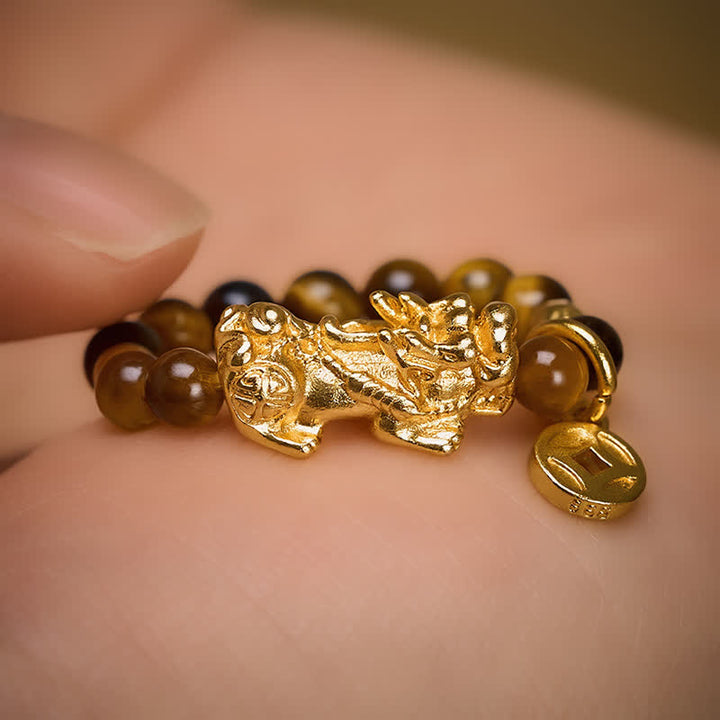 Buddha Stones Tigerauge Pi Xiu Reichtum Chinesische Münze Mini Stretch Perlenring - image 2