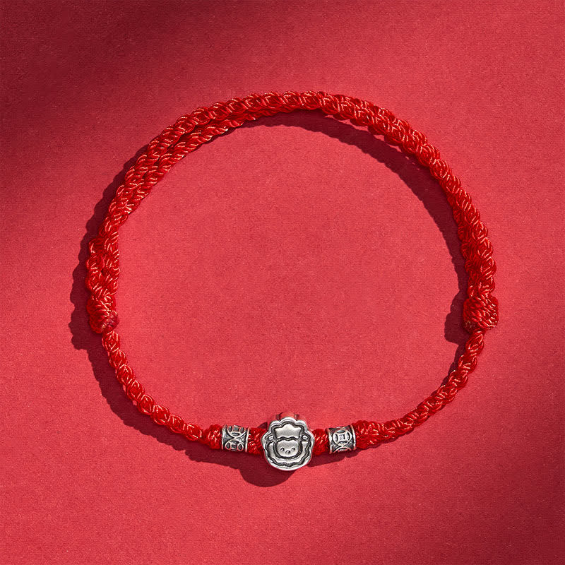 Buddha Stones Jahr des Schafes Armband aus 999er Sterlingsilber mit niedlichem Schafmotiv und roter Schnur – Glücks- und Schutzarmband - Rot - image 1