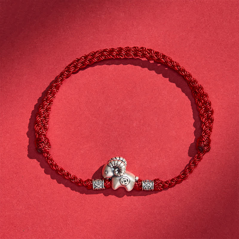 Buddha Stones Jahr des Schafes 999 Sterling Silber Schaf Lamm Kupfermünze Glücksarmband - image 1