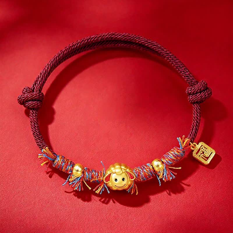Buddha Stones Handgewebtes rotes Armband mit Ziegenanhänger und Fu-Figur (Gottheit) als Segenssymbol - Dunkelrot - image 0