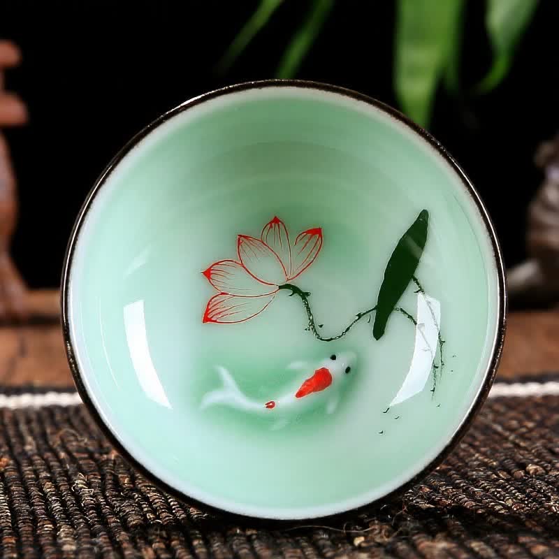 Buddha Stones Handbemalte Koi-Fisch-Lotus-Keramik-Teetasse für Wohlstand - Blühender Lotus - image 0