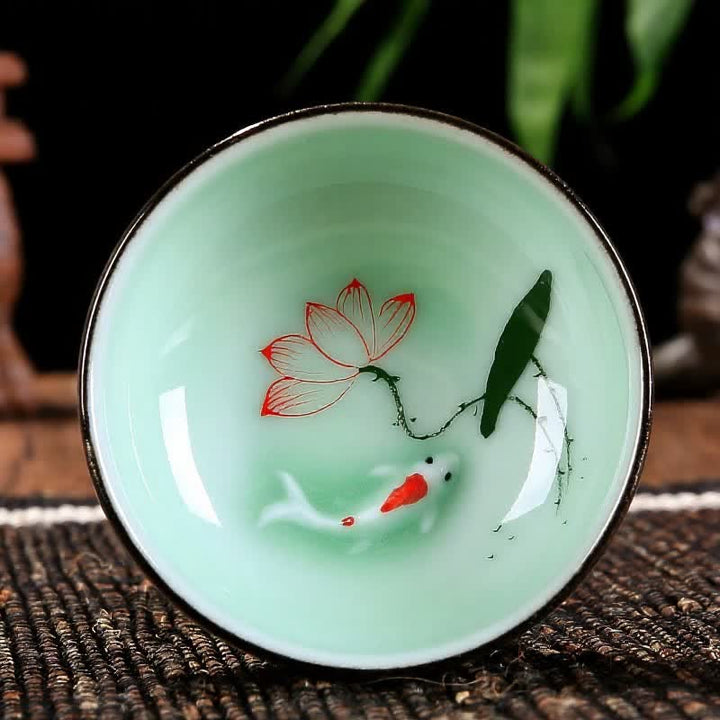 Buddha Stones Handbemalte Koi-Fisch-Lotus-Keramik-Teetasse für Wohlstand - Blühender Lotus - image 0