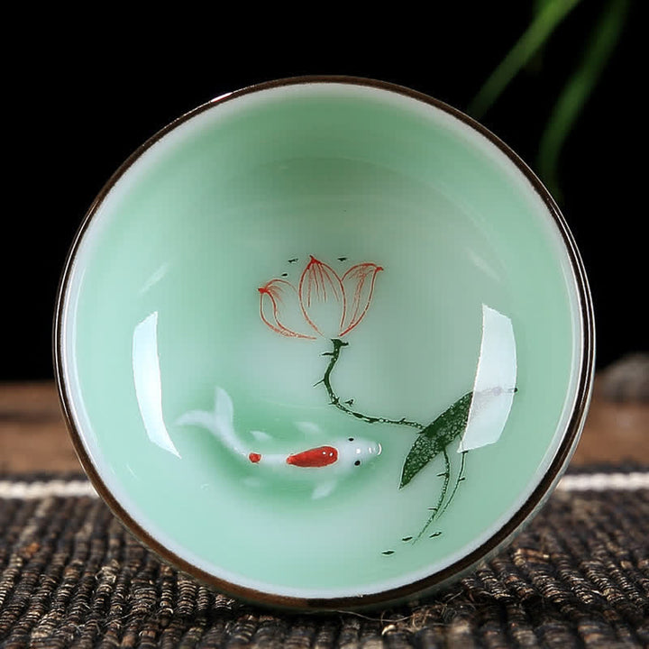 Buddha Stones Handbemalte Koi-Fisch-Lotus-Keramik-Teetasse für Wohlstand - Dreiblättriger Lotus - image 4