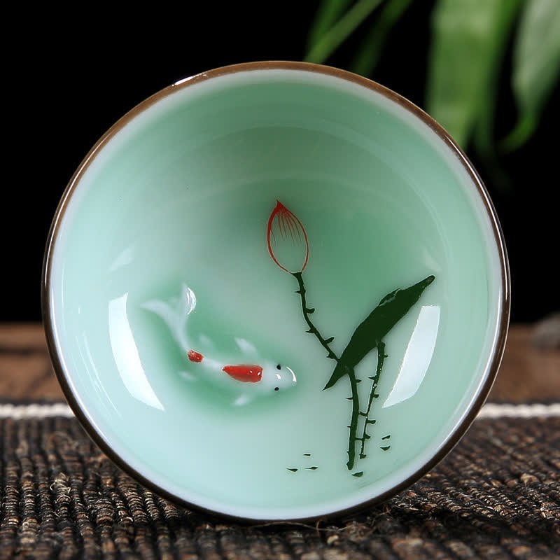 Buddha Stones Handbemalte Koi-Fisch-Lotus-Keramik-Teetasse für Wohlstand - Ein Lotus - image 3