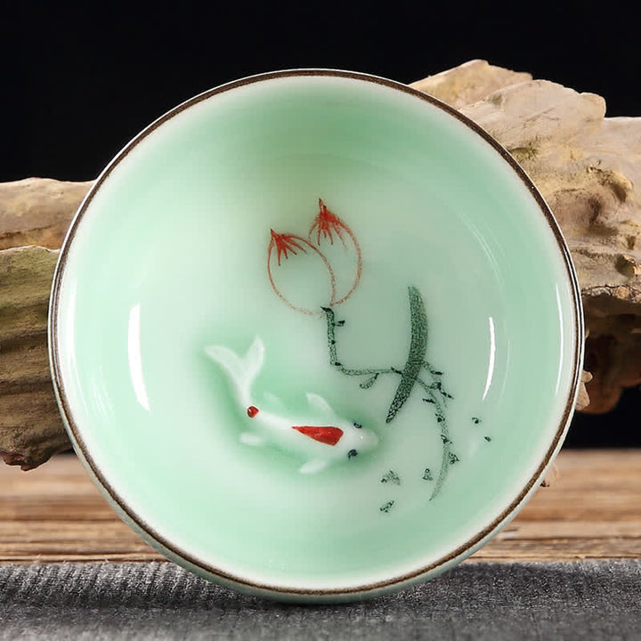 Buddha Stones Handbemalte Koi-Fisch-Lotus-Keramik-Teetasse für Wohlstand - Zwei Lotus - image 1