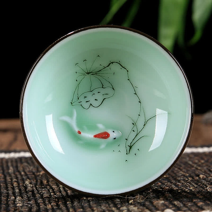 Buddha Stones Handbemalte Koi-Fisch-Lotus-Keramik-Teetasse für Wohlstand - Lotus-Samenkapsel - image 5
