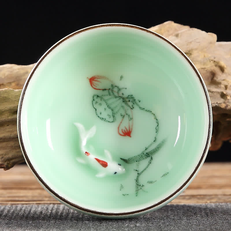 Buddha Stones Handbemalte Koi-Fisch-Lotus-Keramik-Teetasse für Wohlstand - Blütenblätter und Lotus-Samenkapseln - image 2