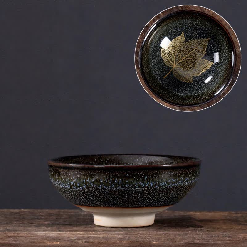 Buddha Stones Dunkel gesprenkelte Keramik-Teetasse mit Ahornblattmuster - Dunkelblaues Ahornblatt - image 2