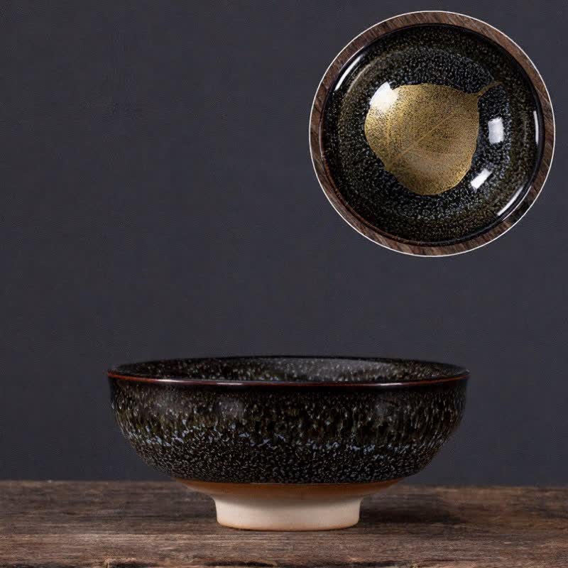 Buddha Stones Dunkel gesprenkelte Keramik-Teetasse mit Ahornblattmuster - Schwarzes Blatt - image 7