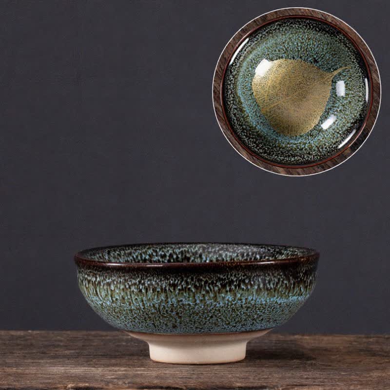 Buddha Stones Dunkel gesprenkelte Keramik-Teetasse mit Ahornblattmuster - Blaues Blatt - image 5