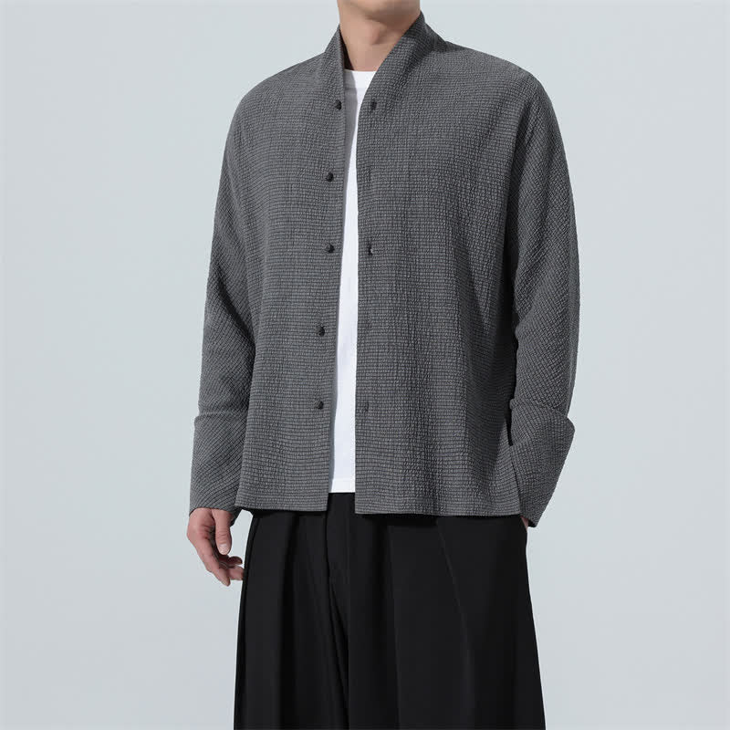 Buddha Stones Klassisches Langarmhemd im Tang-Stil mit Knopfleiste, Seitenschlitz und Seitenschlitz für Herren – einfarbig – für den Herbst - Dunkelgrau - US/ UK/AU48, EU58 (5XL) - image 0