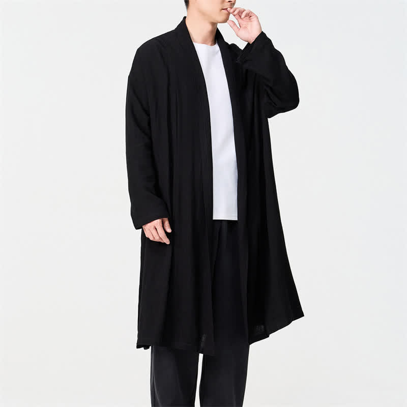 Buddha Stones Minimalistischer Retro-Kimono im Tang-Stil für Herren – einfarbig - Schwarz - US/ UK/AU48, EU58 (5XL) - image 10