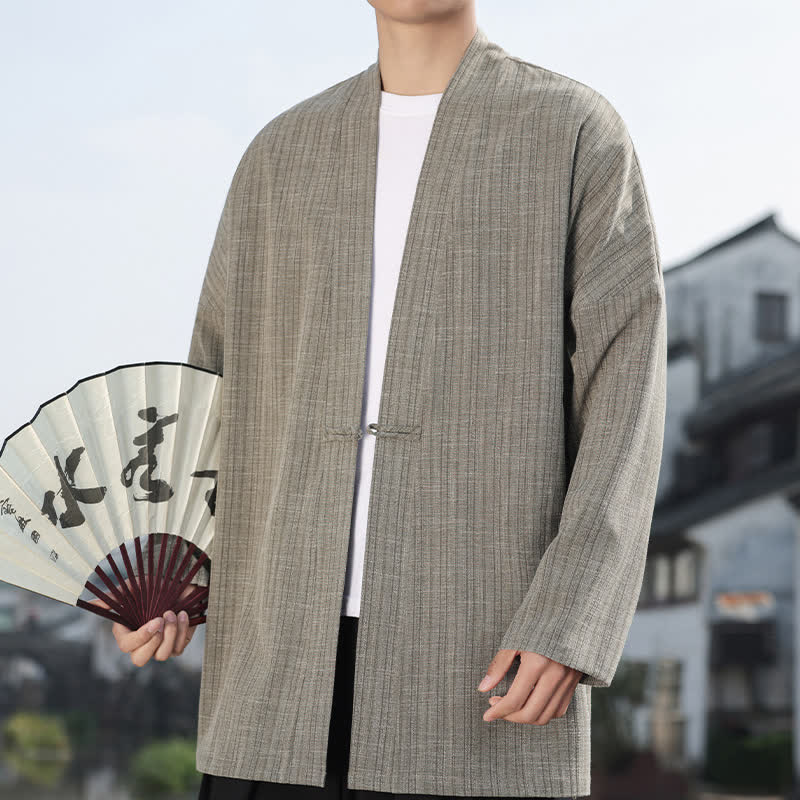 Buddha Stones Minimalistischer Kimono im Spring Tang Style mit einem Froschknopf, einfarbig, für Herren - Dunkelkhaki - US/ UK/AU44, EU54 (4XL) - image 0