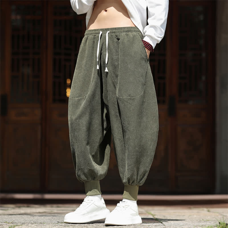 Buddha Stones Herbst/Winter Vintage Casual Uni Cropped Cord Herren Haremshose mit Taschen - Dunkelolivgrün - US/ UK/AU46, EU56 (5XL) - image 0
