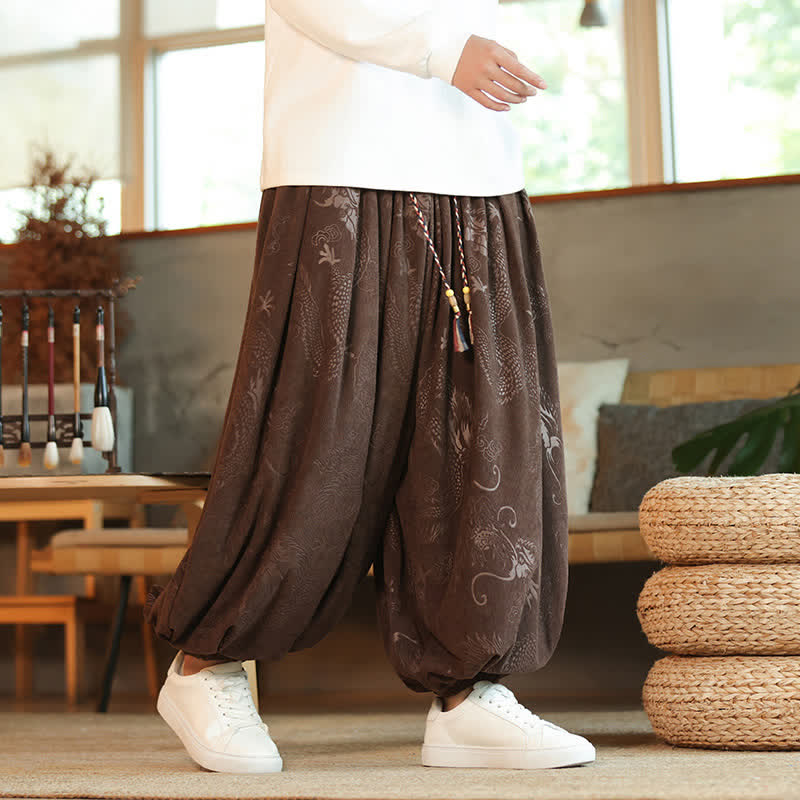 Buddha Stones Frühling/Herbst Retro Casual Cordhose mit Drachenmuster, Kordelzug, Knöchelhohe Herren-Haremshose mit Taschen - Sattelbraun - US/ UK/AU46, EU56 (5XL) - image 0