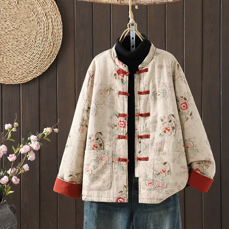 Buddha Stones Herbst/Winter Vintage Tang-Stil Froschknopf Mandarinkragen Baumwolljacke für Damen mit Pfingstrosenmuster und Taschen - Beige - US 8-10, UK/AU 12-14, EU 40-42 (2XL) - image 0