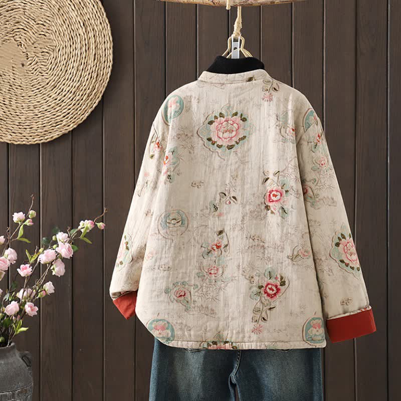 Buddha Stones Herbst/Winter Vintage Tang-Stil Froschknopf Mandarinkragen Baumwolljacke für Damen mit Pfingstrosenmuster und Taschen - image 1