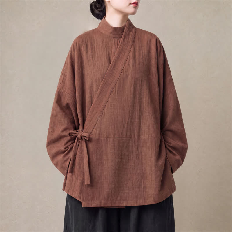 Buddha Stones Minimalistischer Kimono im Tang-Stil mit Kordelzug aus einfarbigem Baumwoll-Leinen-Mischgewebe für Damen – perfekt für den Herbst. - Sienna - US16, UK/AU20, EU48 (5XL) - image 0