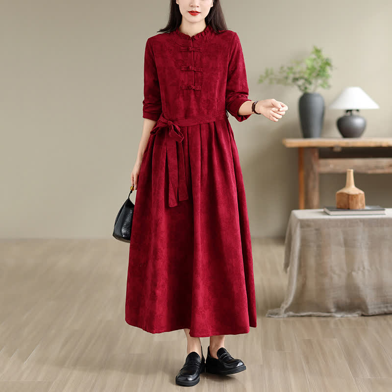 Buddha Stones Elegantes Herbst-Winter-Kleid im Tang-Stil mit Froschknopfleiste, rotem Pfingstrosenmuster, Baumwoll-Leinen-Mischgewebe, langen Ärmeln und Tasche. - Dunkelrot - US 8-10, UK/AU 12-14, EU 40-42 (2XL) - image 0