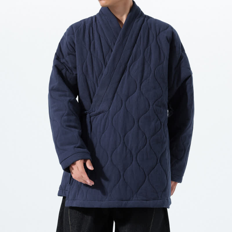 Buddha Stones Herbst/Winter Minimalistischer Kimono im Tang-Stil mit Wickeloptik, Kordelzug, dicker Polsterung, Taschen - Mitternachtsblau - US/ UK/AU46, EU56 (5XL) - image 0