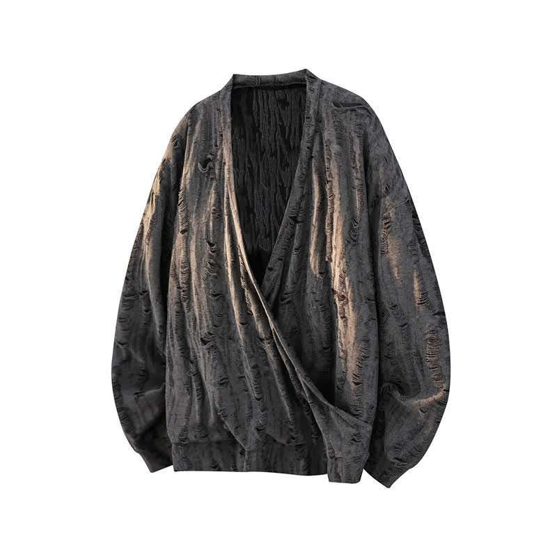 Buddha Stones Lässiges Herren-Langarmshirt im Vintage-Stil mit Lochmuster und V-Ausschnitt für den Herbst - DimGray - US/ UK/AU50, EU60 (5XL) - image 0
