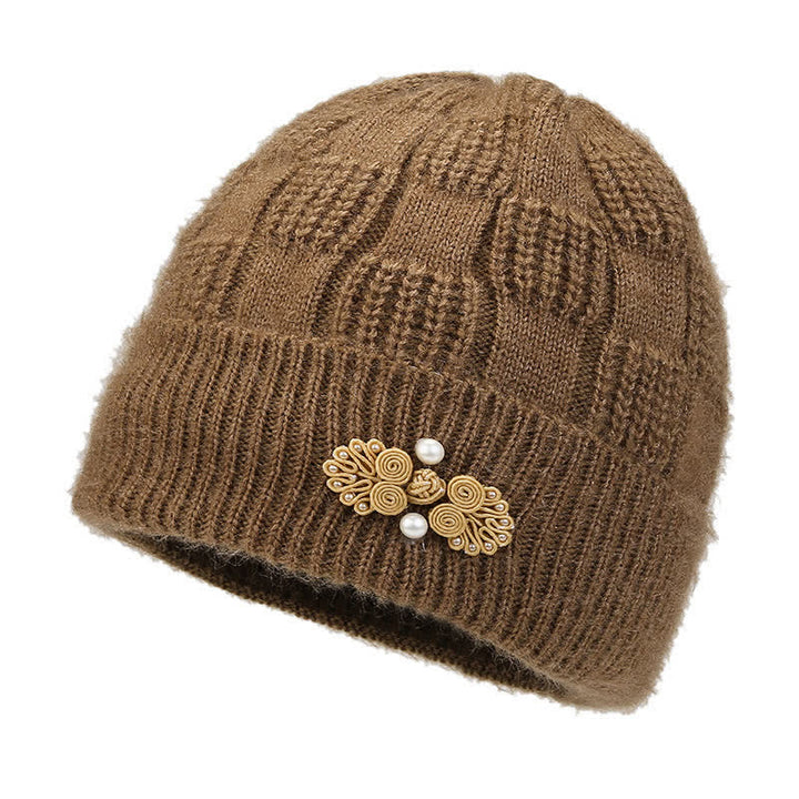Buddha Stones Herbst-Winter-Damenmütze aus geripptem Strick mit Blumenmuster, gefüttert mit Fleece, dick gefüttert - Khaki - image 9