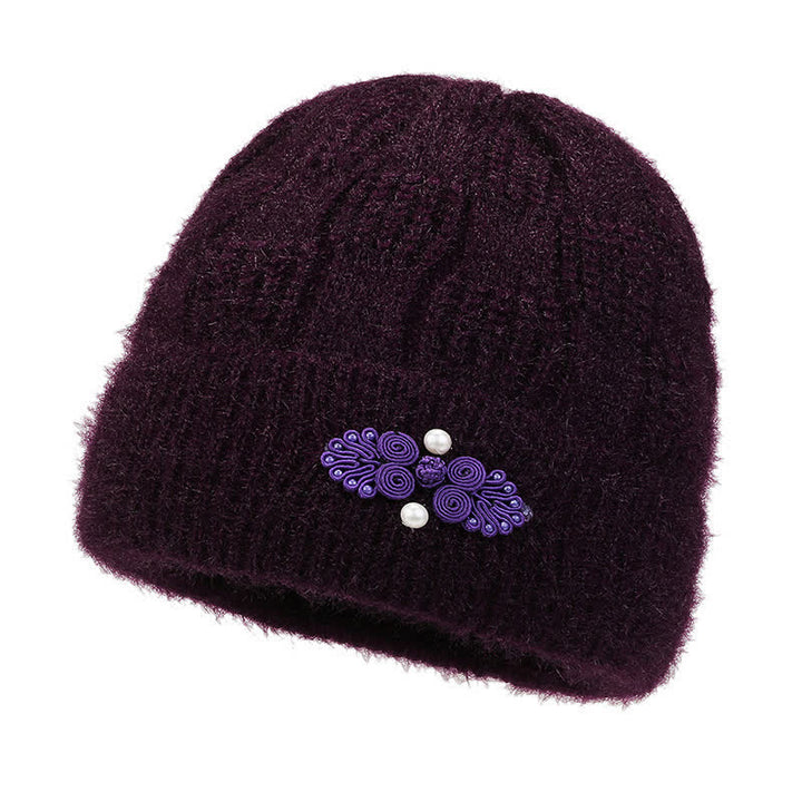 Buddha Stones Herbst-Winter-Damenmütze aus geripptem Strick mit Blumenmuster, gefüttert mit Fleece, dick gefüttert - Lila - image 11
