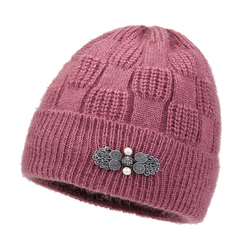 Buddha Stones Herbst-Winter-Damenmütze aus geripptem Strick mit Blumenmuster, gefüttert mit Fleece, dick gefüttert - Blassviolettrot - image 12