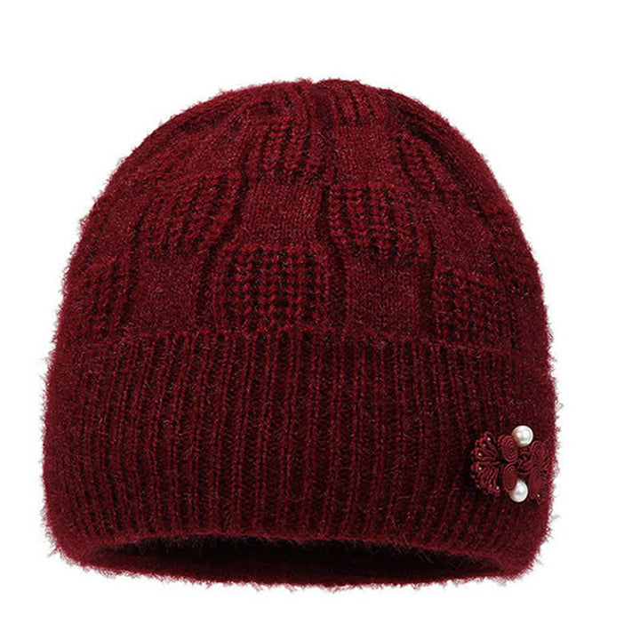 Buddha Stones Herbst-Winter-Damenmütze aus geripptem Strick mit Blumenmuster, gefüttert mit Fleece, dick gefüttert - image 2