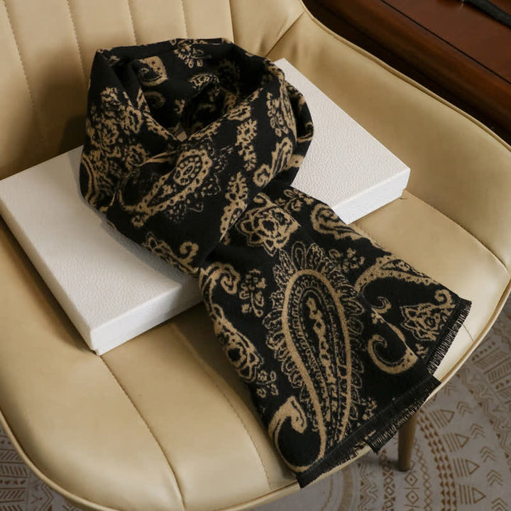 Buddha Stones Herbst/Winter Vintage Paisley Quasten Kuscheliger Herrenschal - Schwarz Beige Ca. 180 × 30 cm - image 3