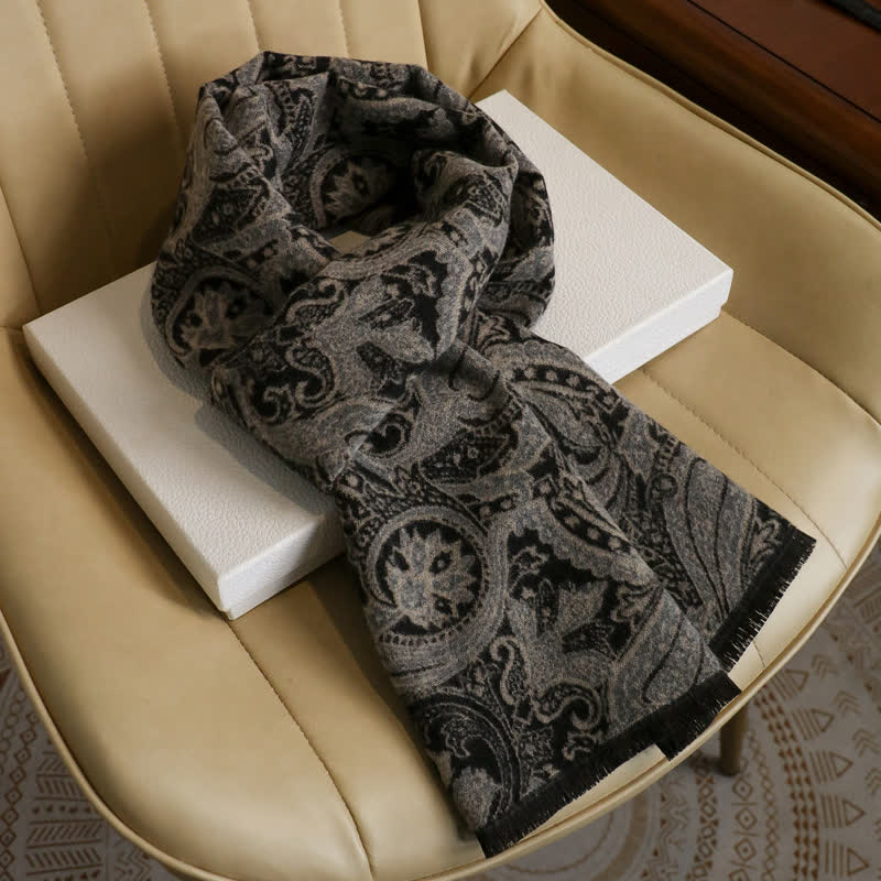 Buddha Stones Herbst/Winter Vintage Paisley Quasten Kuscheliger Herrenschal - Schwarz Grau Ca. 180 × 30 cm - image 5