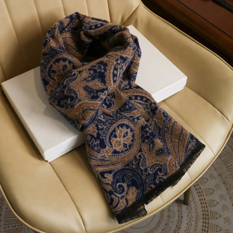 Buddha Stones Herbst/Winter Vintage Paisley Quasten Kuscheliger Herrenschal - Blaubraun, ca. 180 × 30 cm - image 7