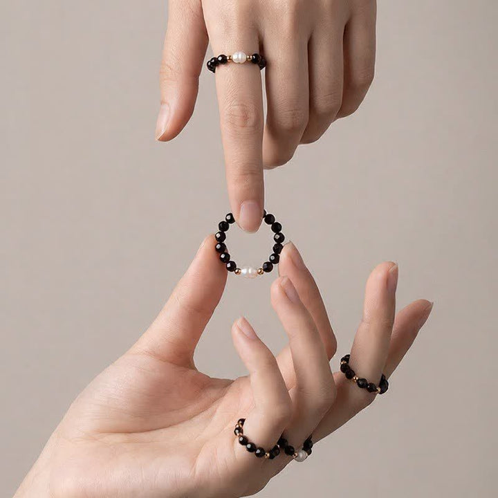 Buddha Stones Schwarzer Spinell-Perlen-Schutzring mit facettiertem Stapelverschluss - image 4