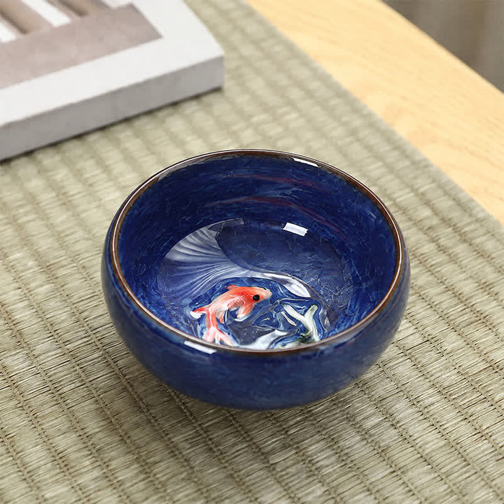 Buddha Stones Keramik-Teetasse mit Koi-Karpfen-Effekt und Crackle-Glasur - Dunkelblau - image 4
