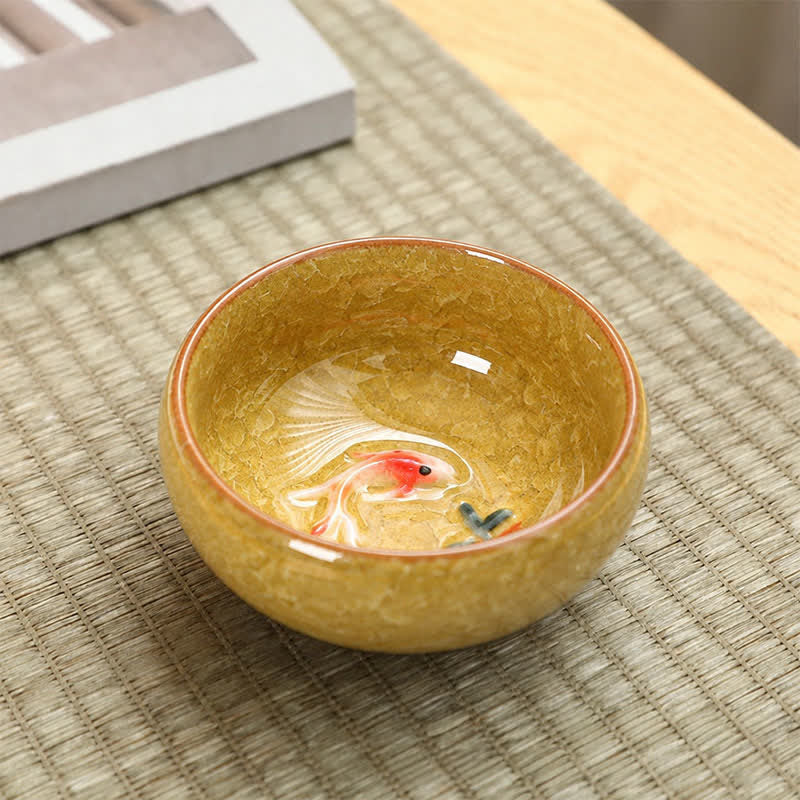 Buddha Stones Keramik-Teetasse mit Koi-Karpfen-Effekt und Crackle-Glasur - Gelb - image 6